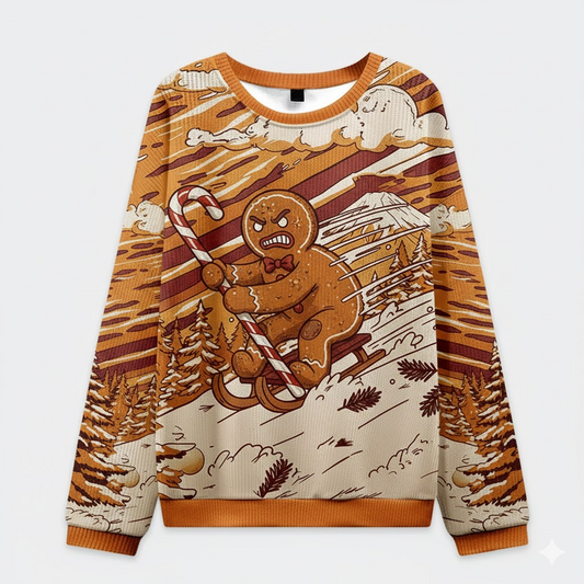 🍪 Angry Gingerbread Sledding Ugly Christmas Sweater – Funny Cookie Holiday Top