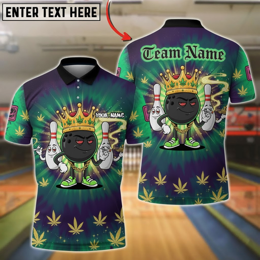 Bowling Polo Shirt, Crowned Bowling Ball with Pins, Gold Cannabis Leaves Accent, Customized Name, Team Name 3D Shirt