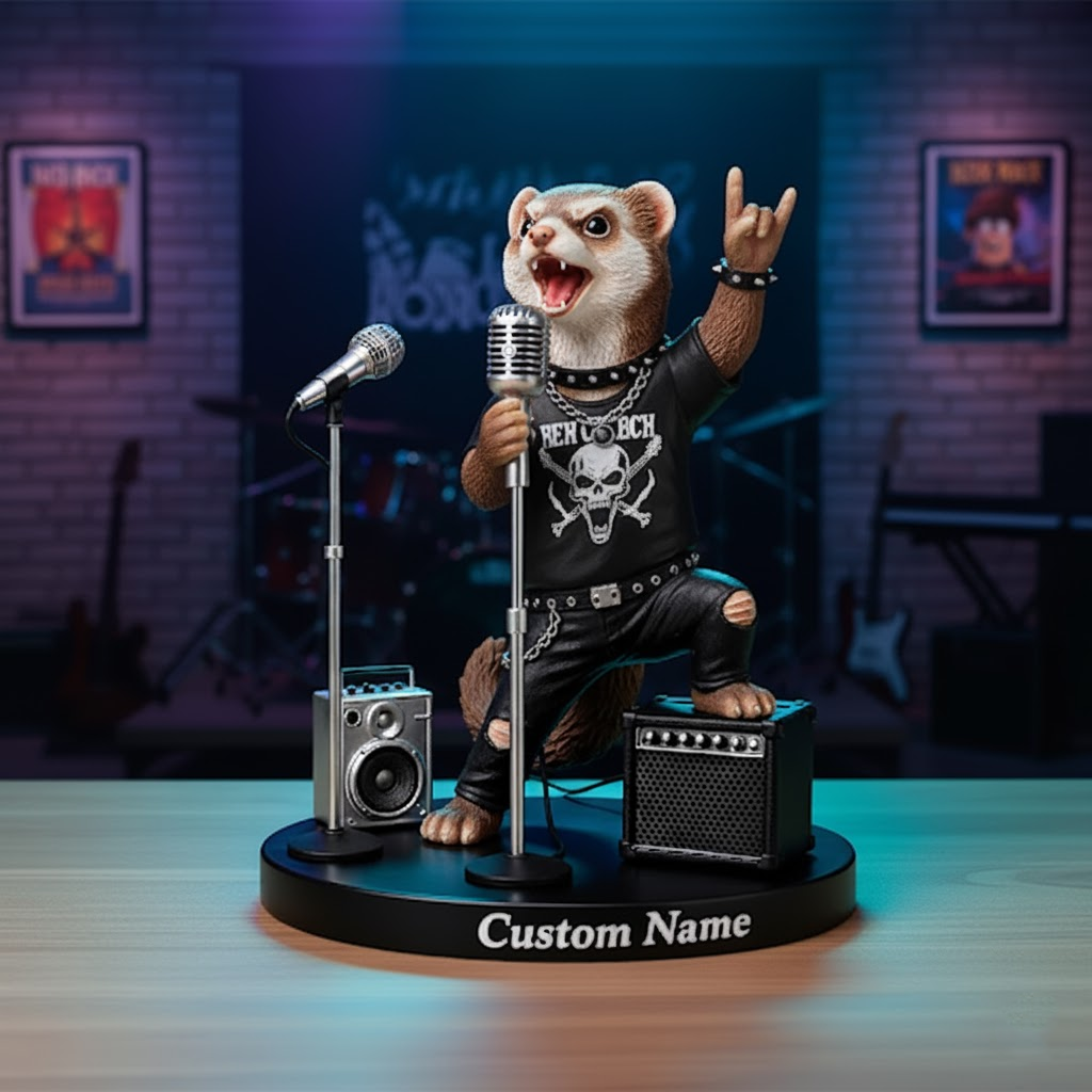 🎤 Custom Singing Ferret Figurine – Personalized Rock Star Microphone Statue Gift 1