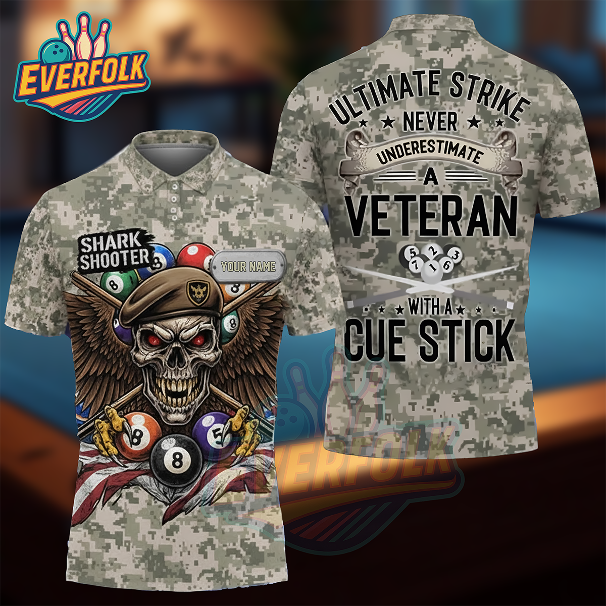 Ultimate Strike – Veteran Shark Shooter Camo Polo for Billiards Lovers
