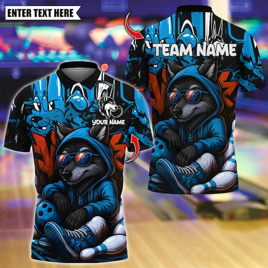 Custom Bowling Polo Shirt, Graffiti Wolf Streetwear Design, Personalized Bowling Polo for Men Women, Personalized Name Team 3D Shirt