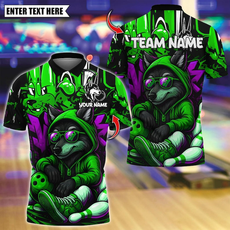 Custom Bowling Polo Shirt, Graffiti Wolf Streetwear Design, Personalized Bowling Polo for Men Women, Personalized Name Team 3D Shirt