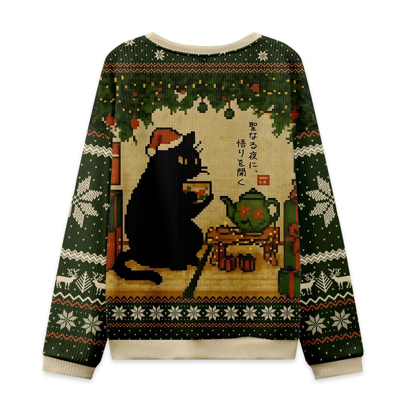 Cute Cat Drinking Tea Christmas Ugly Sweatshirt