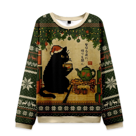 Cute Cat Drinking Tea Christmas Ugly Sweatshirt