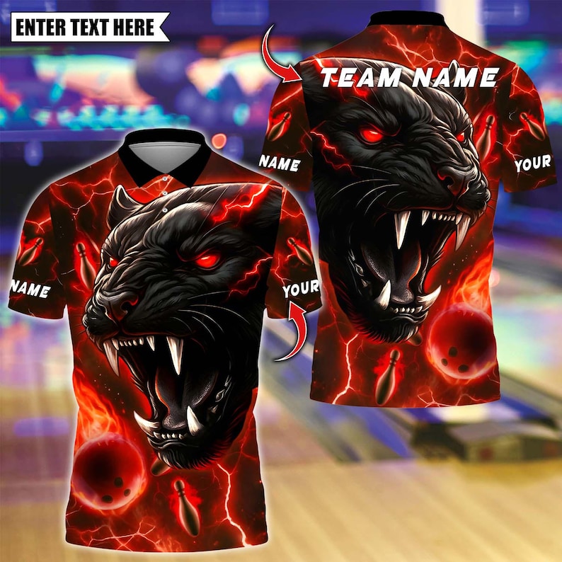 Custom Bowling Polo Shirt, Black Panther With Bowling Design, Personalized Bowling Polo for Men Women, Personalized Name Team 3D Shirt