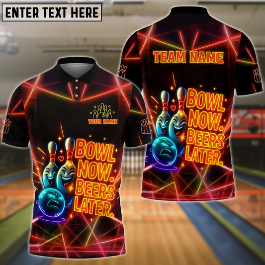 Bowling And Pins Neon Now Beers Later Funny Quote Customized Name 3D Shirt (4 Colors)