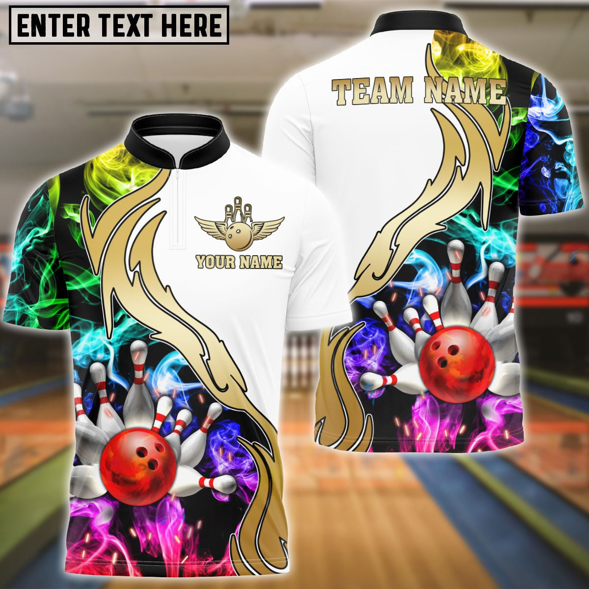 Bowling And Pins White Multicolor Golden Smoke Pattern Personalized Name, Team Name Shirt