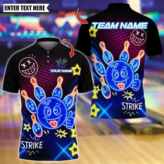 Custom Bowling Polo Shirt, Neon Bowling Ball Strike Funny Design, Personalized Bowling Polo for Men Women, Personalized Name Team 3D Shirt