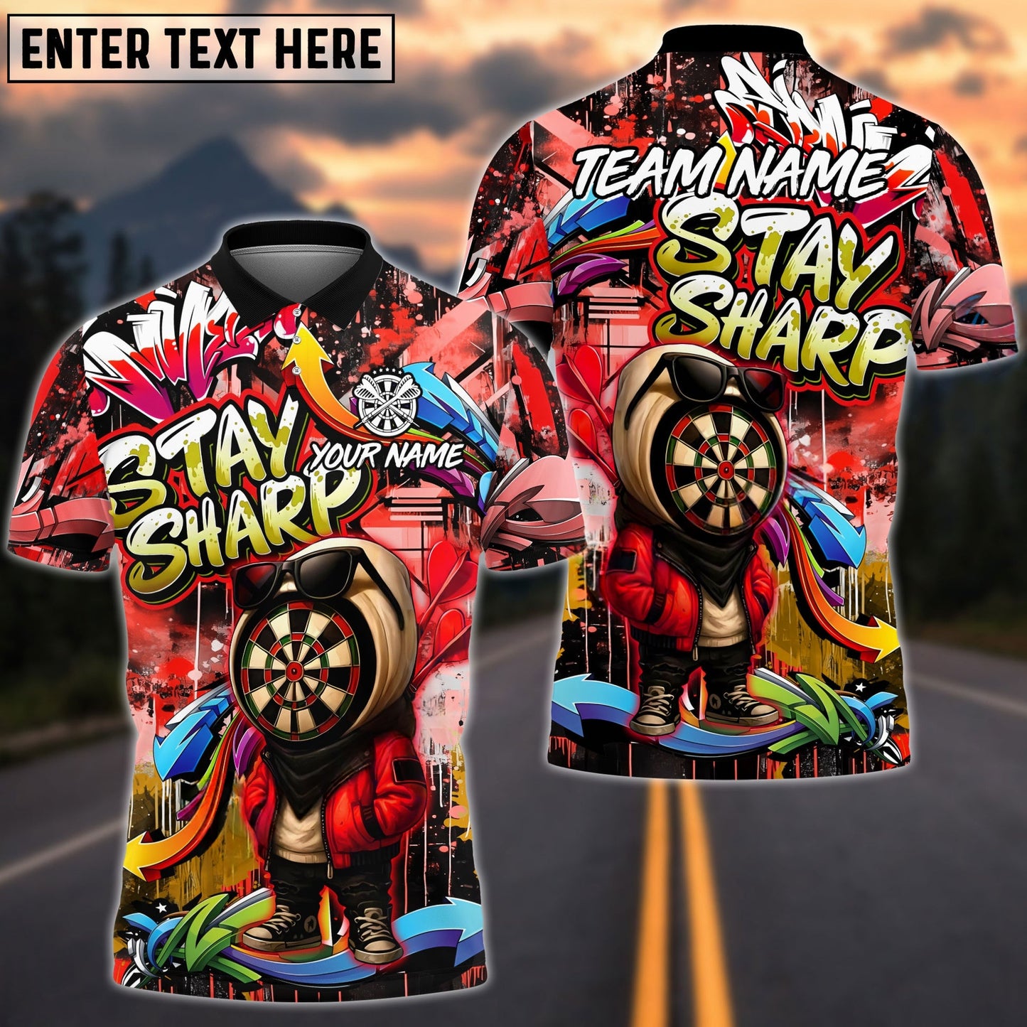 Darts Graffiti Character Stay Sharp Personalized Name, Team Name Unisex Shirt (4 Colors)