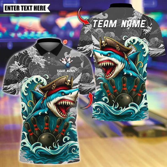 Custom Bowling Polo Shirt, Shark Pirate With Bowling And Pins Design,Personalized Bowling Polo for Men Women,Personalized Name Team 3D Shirt