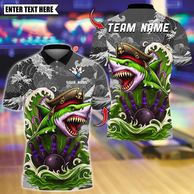 Custom Bowling Polo Shirt, Shark Pirate With Bowling And Pins Design,Personalized Bowling Polo for Men Women,Personalized Name Team 3D Shirt