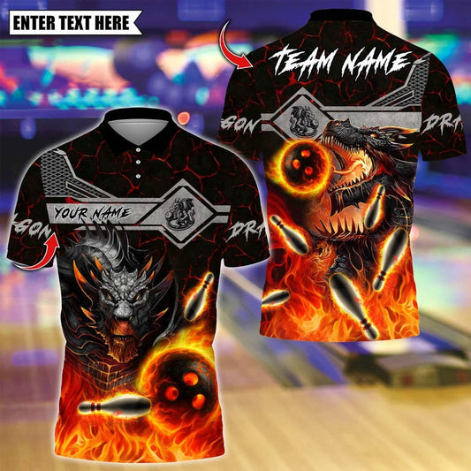 Custom Bowling Polo Shirt, Fire Dragon With Bowling Design, Personalized Bowling Polo for Men Women, Personalized Name Team 3D Shirt