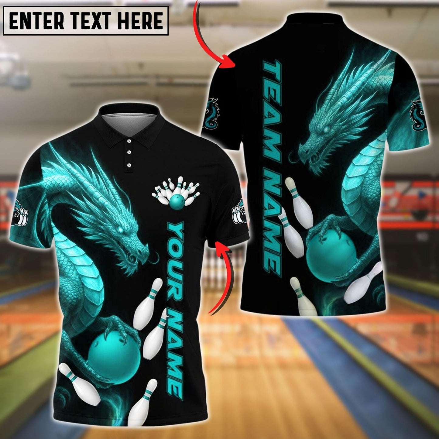 Bowling And Pins Dragon Black Design Customized Name, Team Name 3D Shirt (4 Colors)