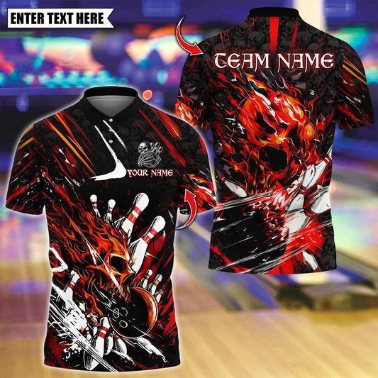 Custom Bowling Polo Shirt, Flame Skull Strike With Bowling Design, Personalized Bowling Polo for Men Women, Personalized Name Team 3D Shirt
