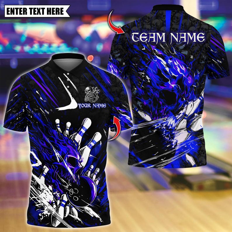 Custom Bowling Polo Shirt, Flame Skull Strike With Bowling Design, Personalized Bowling Polo for Men Women, Personalized Name Team 3D Shirt