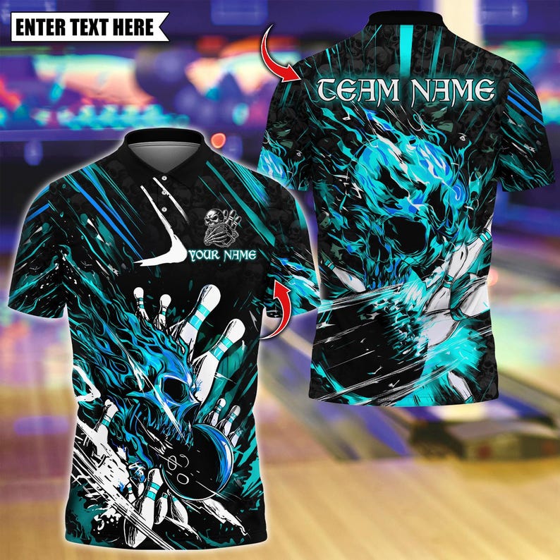 Custom Bowling Polo Shirt, Flame Skull Strike With Bowling Design, Personalized Bowling Polo for Men Women, Personalized Name Team 3D Shirt