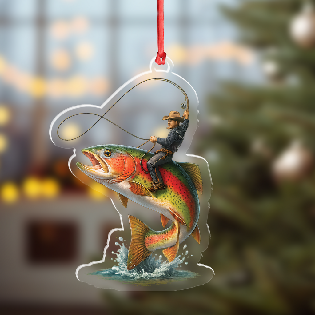 Personalized Funny Fishing Acrylic Ornament - Cowboy Riding Fish Christmas Decoration for Fishermen