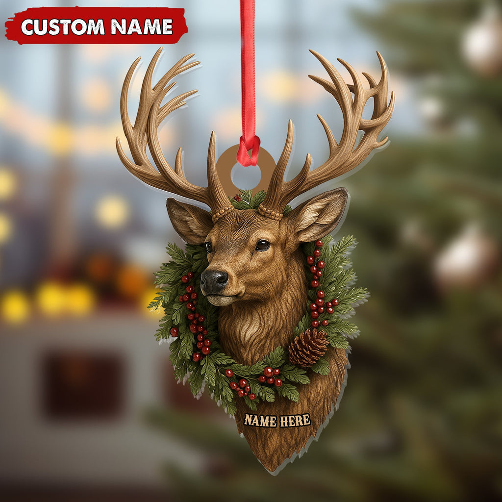 Personalized Rustic Deer Head Christmas Acrylic Ornament – 3D Holiday Decor & Perfect Gift for Hunters & Nature Lovers