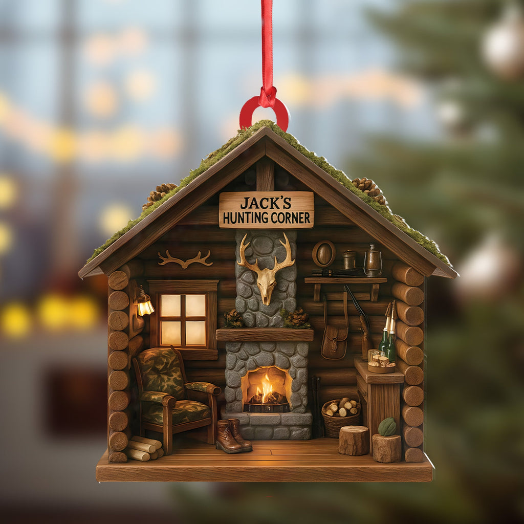 Personalized Hunter’s Cabin Ornament, Custom Log Cabin Christmas Decoration for Outdoor Lovers