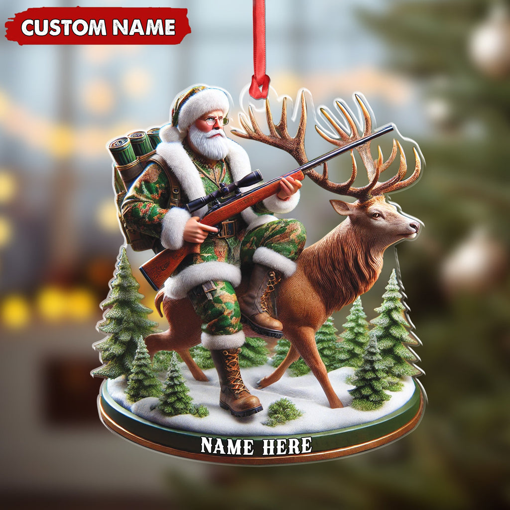 Personalized Acrylic Hunter Santa Riding Deer Christmas Ornament - Custom Hunting Gift Decoration
