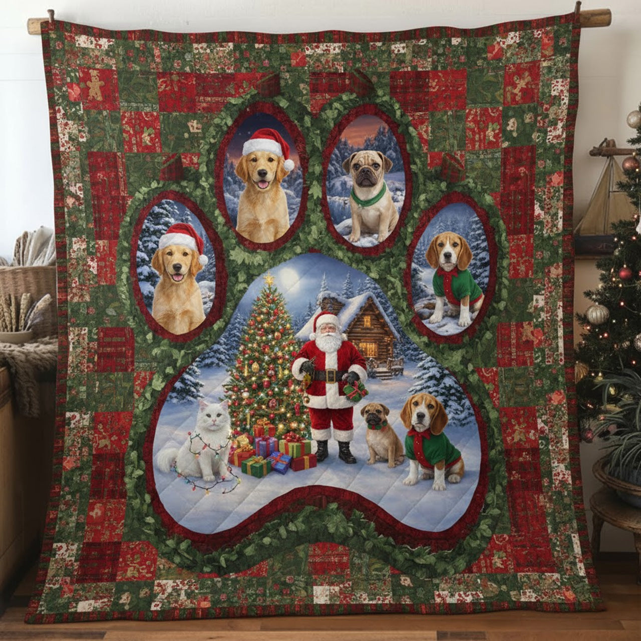 Merry Dogs by the Tree Paw Print Christmas Quilt — Santa Cabin Holiday Throw