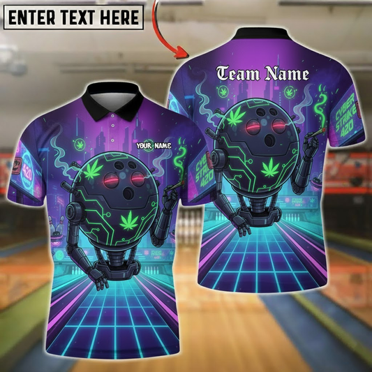 Bowling Polo Shirt, Exploding Bowling Ball and Pins with Cannabis Leaves and Smoke, Customized Name, Team Name 3D Shirt