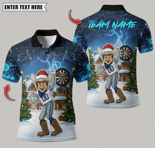 Cowboy Mascot Darts Polo — Winter Village Scene — Custom Name & Team