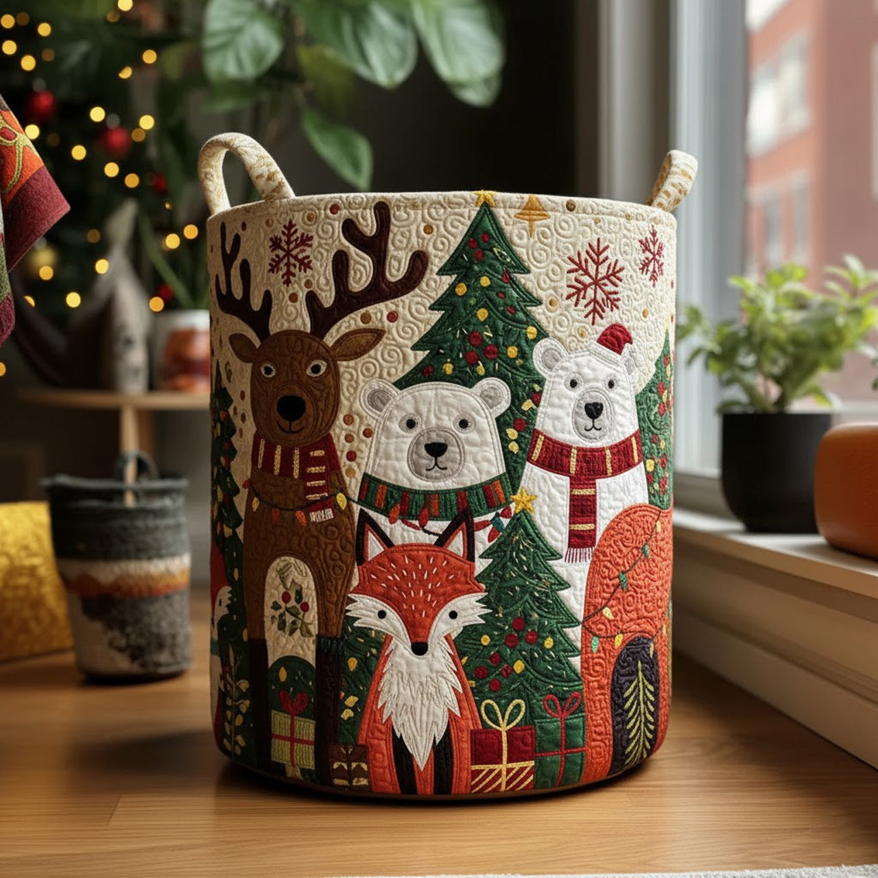 Woodland Animals & Fir Trees Quilted Basket — Cozy Nordic Christmas Laundry Hamper