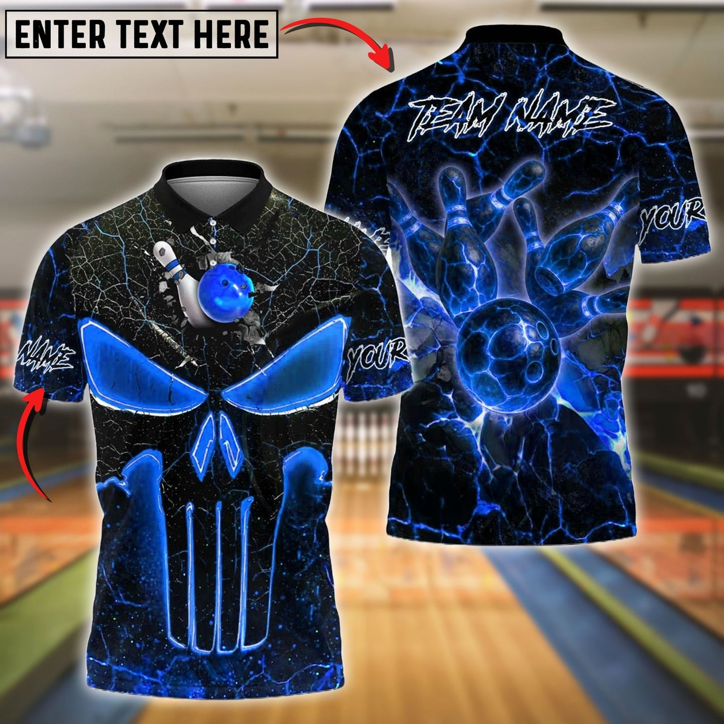 Bowling And Pins Flaming Punisher Skull Customized Name, Team Name 3D Shirt (4 Colors)