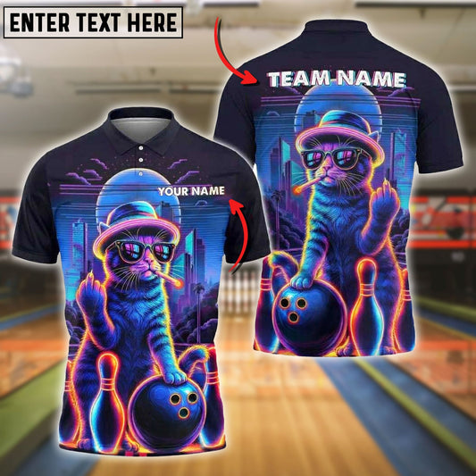 Bowling And Pins Cat Neon Style Customized Name, Team Name 3D Shirt (4 Colors)