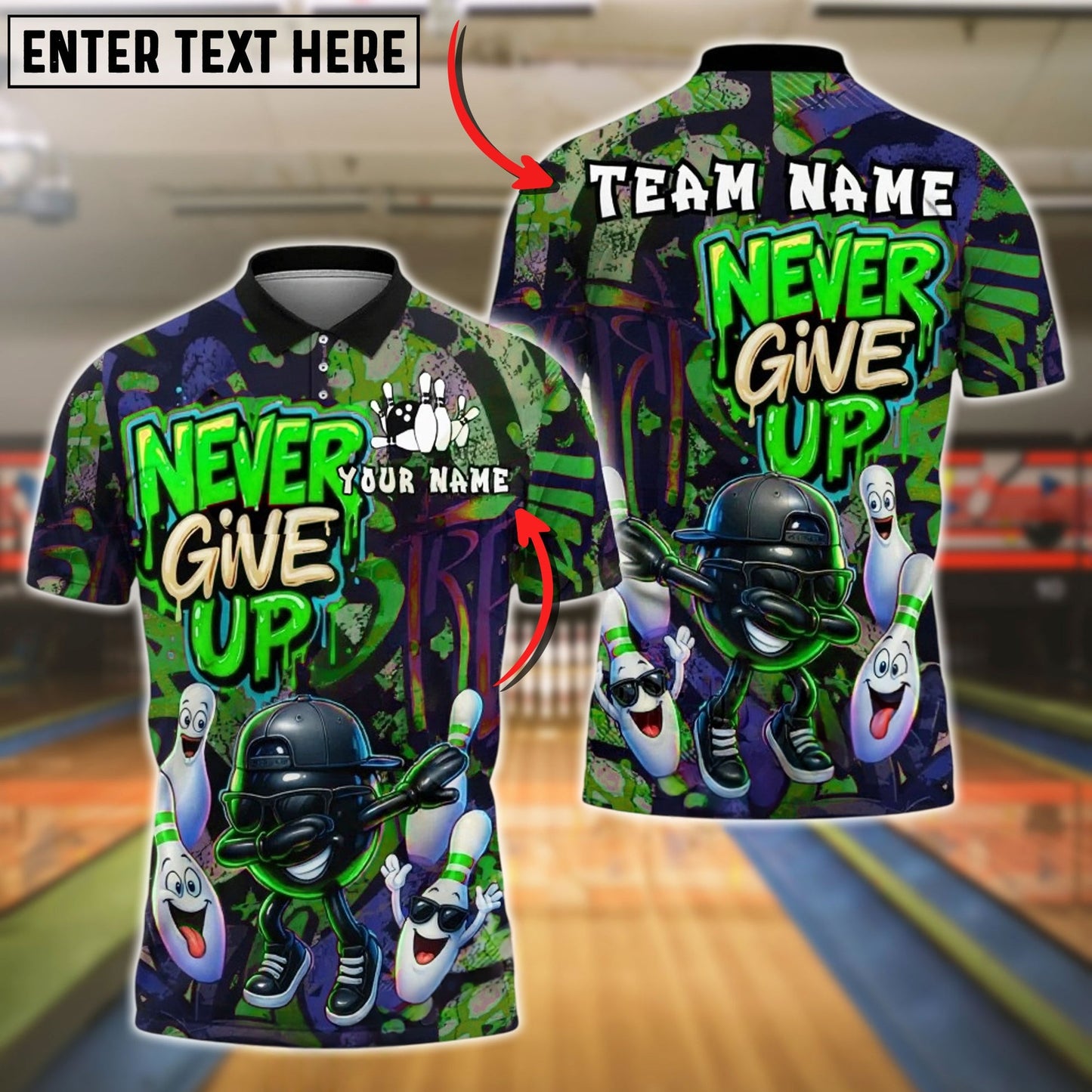 Bowling And Pins Graffiti Never Give Up Dab Customized Name, Team Name 3D Shirt (4 Colors)