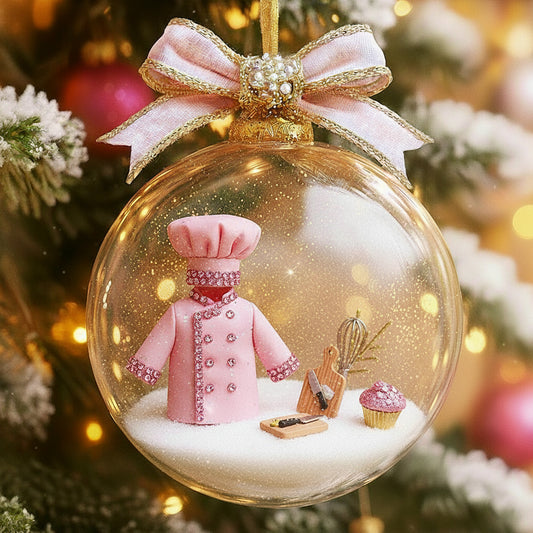 👩🍳 Chef Ornament – Pink Glitter Cook Outfit Christmas Decoration