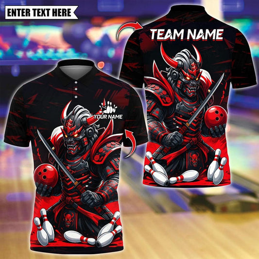 Custom Bowling Polo Shirt, Samurai With Bowling Design, Personalized Bowling Polo for Men Women, Personalized Name Team 3D Shirt
