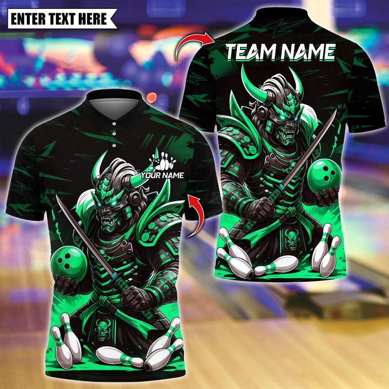 Custom Bowling Polo Shirt, Samurai With Bowling Design, Personalized Bowling Polo for Men Women, Personalized Name Team 3D Shirt