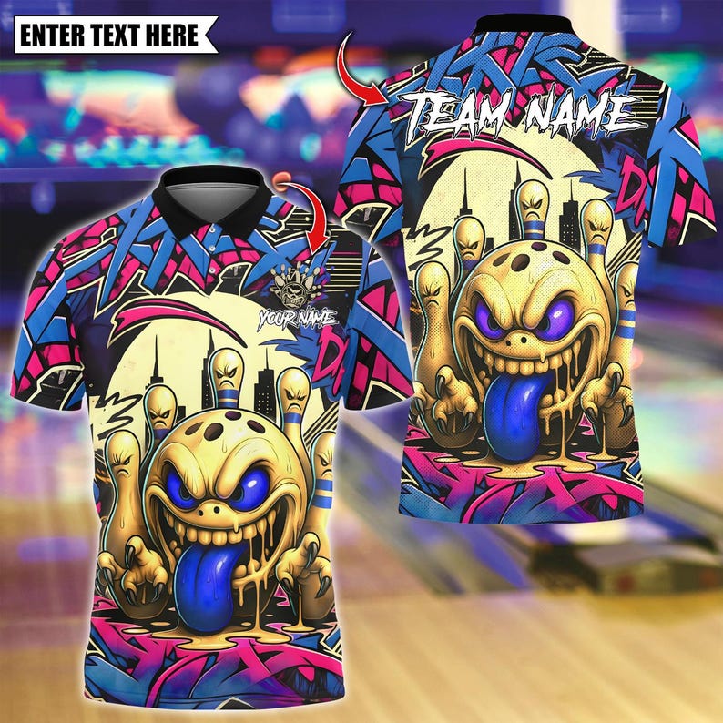 Custom Bowling Polo Shirt, Mad Bowl Graffiti Design, Personalized Bowling Polo for Men Women, Personalized Name Team 3D Shirt