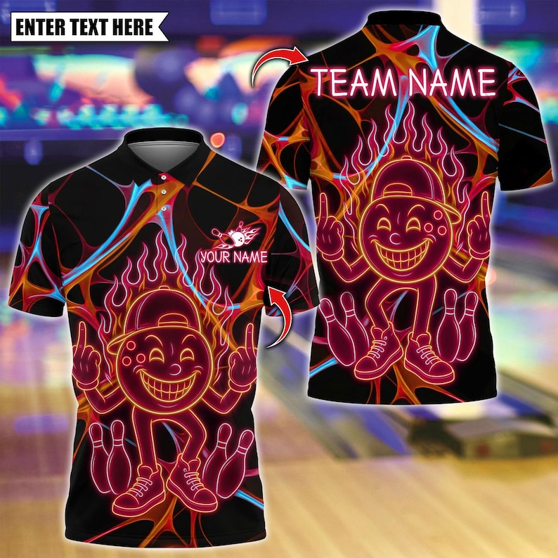 Custom Bowling Polo Shirt, Funny Neon Bowling Design, Personalized Bowling Polo for Men Women, Personalized Name Team 3D Shirt
