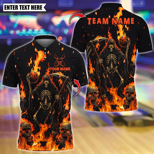 Custom Bowling Polo Shirt, Flame Reaper And Fire Skull Design, Personalized Bowling Polo for Men Women, Personalized Name Team 3D Shirt