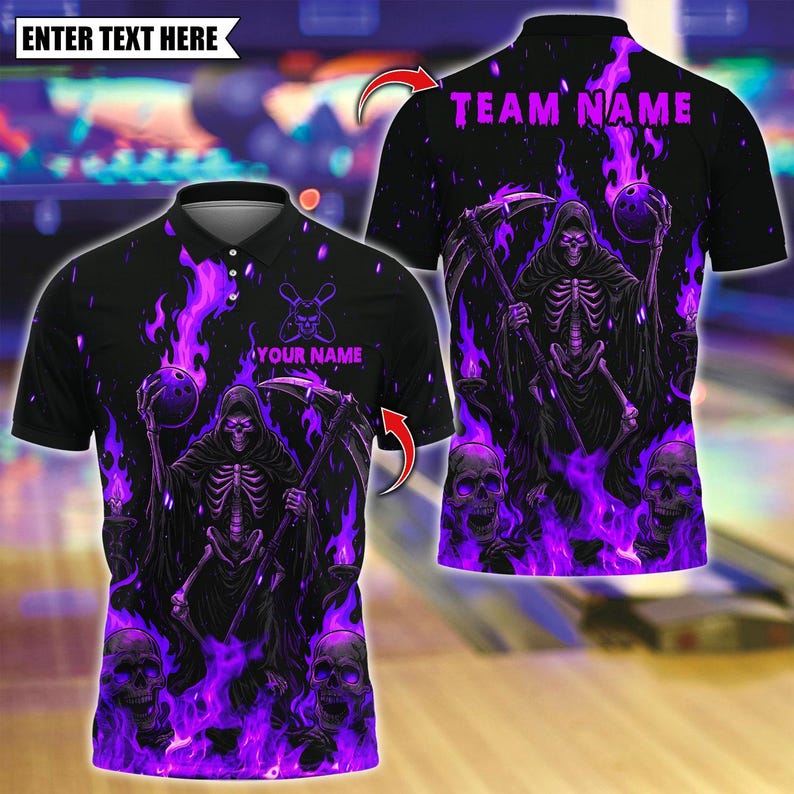 Custom Bowling Polo Shirt, Flame Reaper And Fire Skull Design, Personalized Bowling Polo for Men Women, Personalized Name Team 3D Shirt