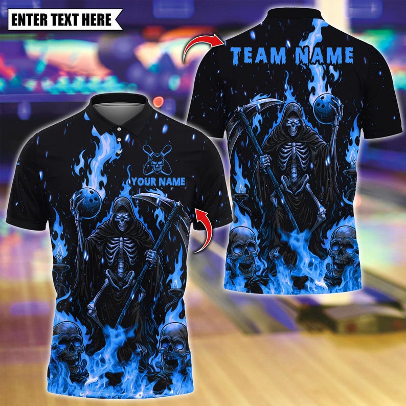 Custom Bowling Polo Shirt, Flame Reaper And Fire Skull Design, Personalized Bowling Polo for Men Women, Personalized Name Team 3D Shirt