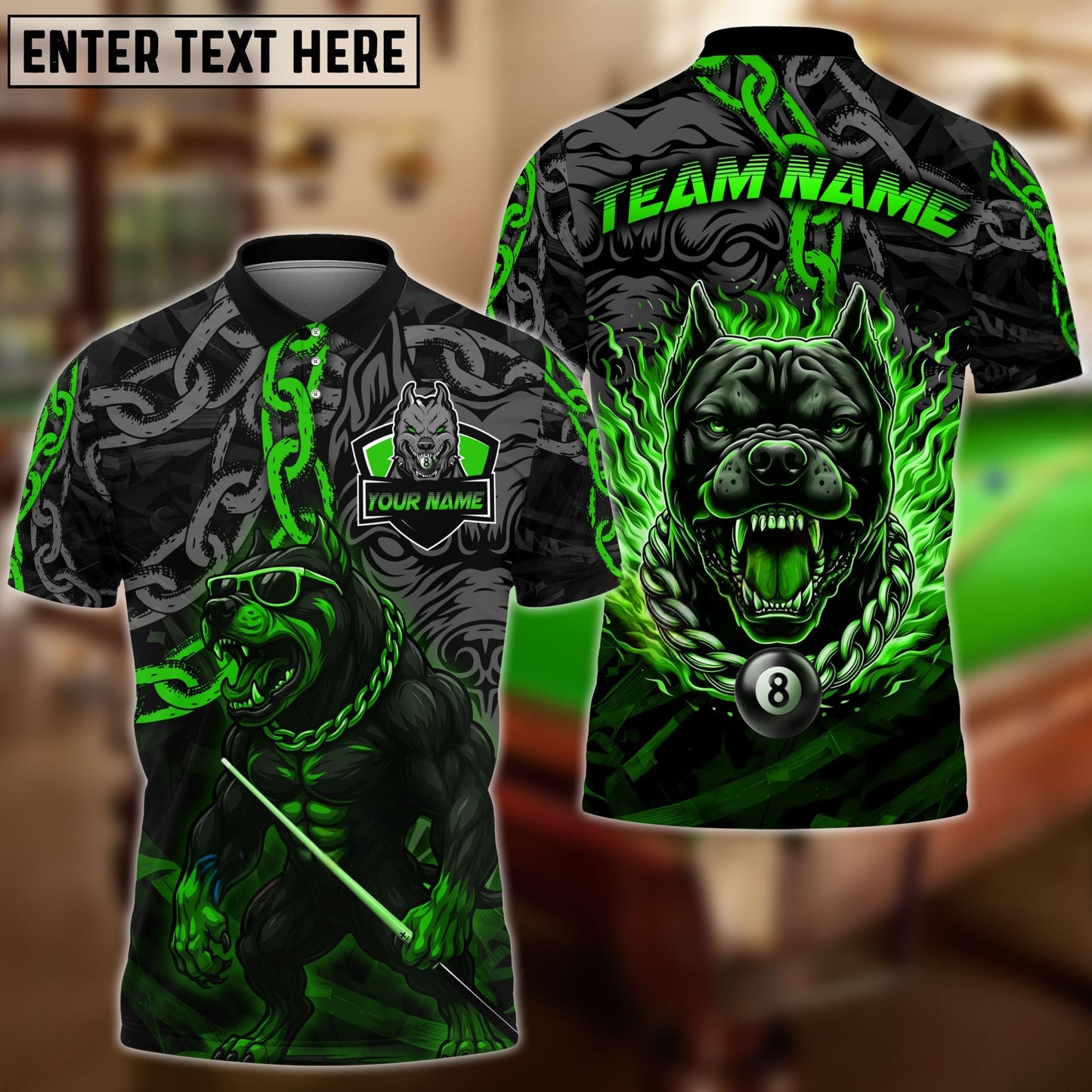 Billiards 8-Ball Pitbull Flame Chain Personalized Name Shirt