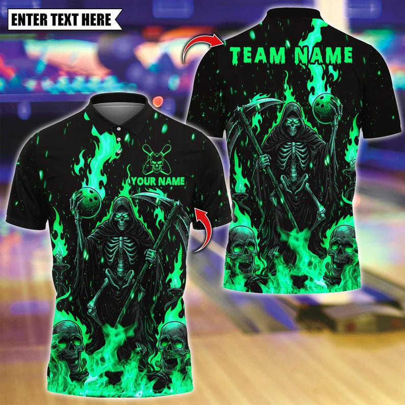 Custom Bowling Polo Shirt, Flame Reaper And Fire Skull Design, Personalized Bowling Polo for Men Women, Personalized Name Team 3D Shirt
