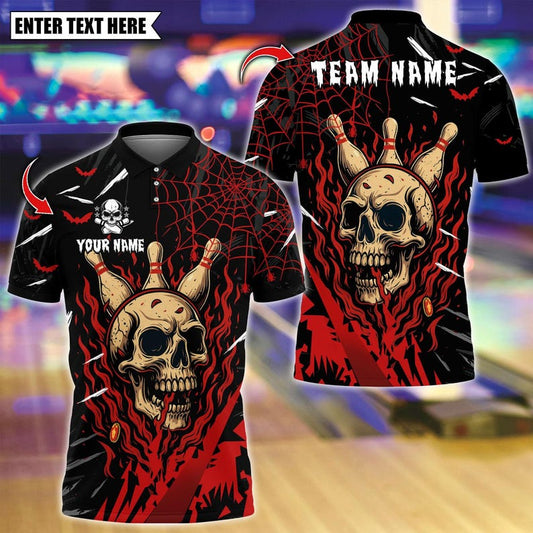 Custom Bowling Polo Shirt, Flame Bowling Skull Halloween Design, Personalized Bowling Polo for Men Women, Personalized Name Team 3D Shirt