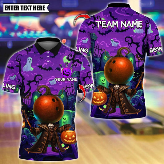 Custom Bowling Polo Shirt, Halloween Bowling With Pumpkin Design, Personalized Bowling Polo for Men Women, Personalized Name Team 3D Shirt