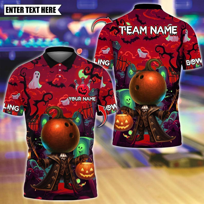 Custom Bowling Polo Shirt, Halloween Bowling With Pumpkin Design, Personalized Bowling Polo for Men Women, Personalized Name Team 3D Shirt