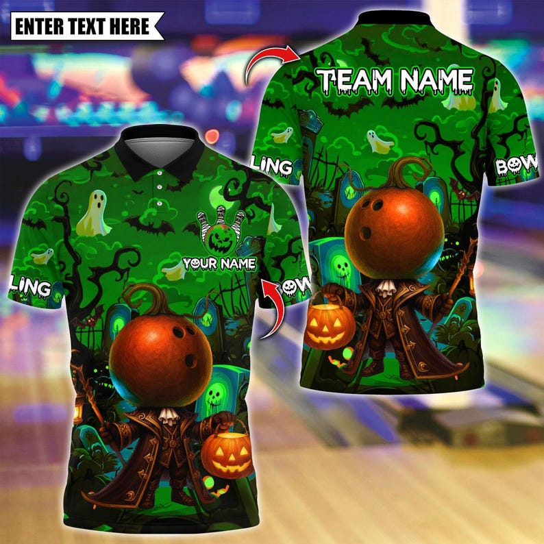 Custom Bowling Polo Shirt, Halloween Bowling With Pumpkin Design, Personalized Bowling Polo for Men Women, Personalized Name Team 3D Shirt