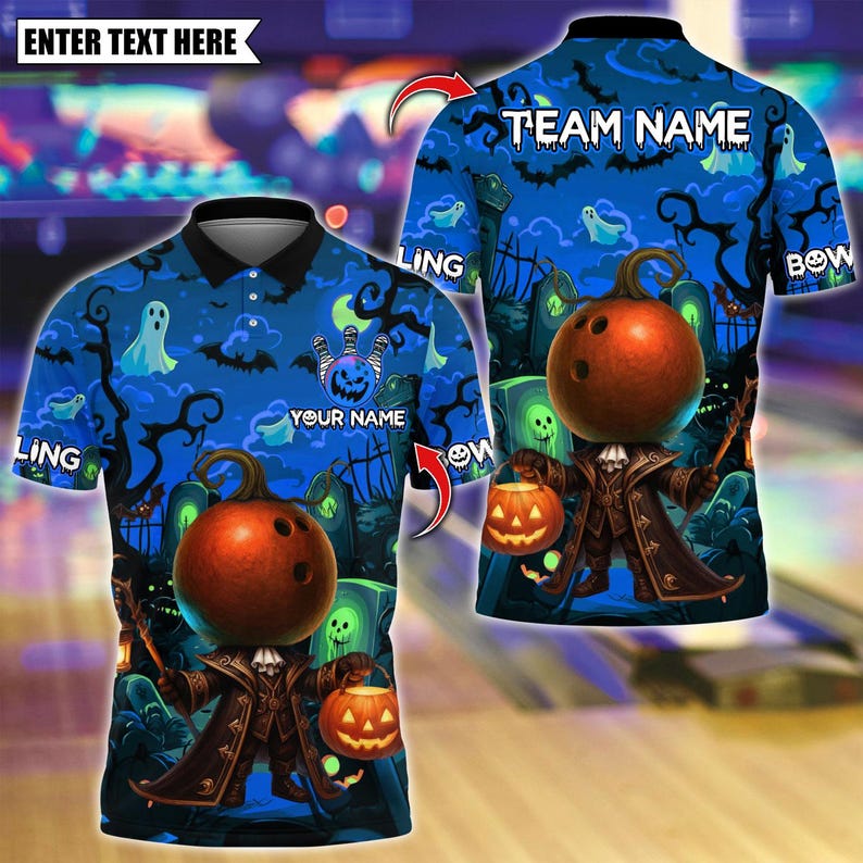Custom Bowling Polo Shirt, Halloween Bowling With Pumpkin Design, Personalized Bowling Polo for Men Women, Personalized Name Team 3D Shirt