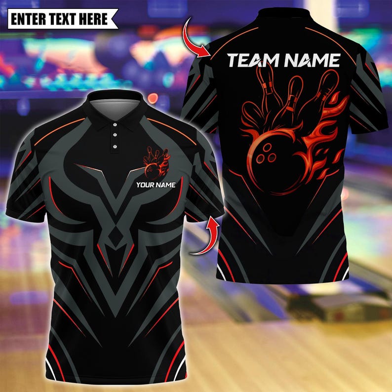 Custom Bowling Polo Shirt, Golden Royal Flame Design, Personalized Bowling Polo for Men Women, Personalized Name Team 3D Shirt