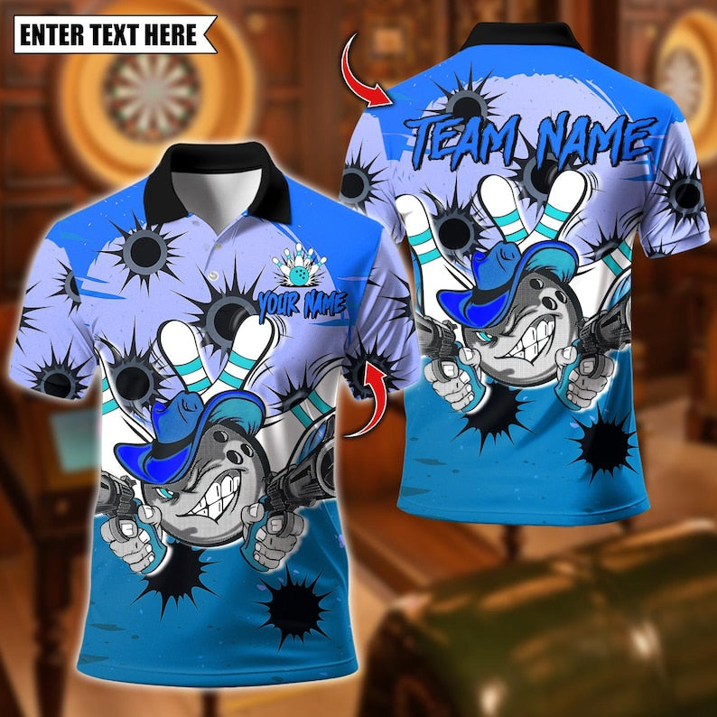 Custom Bowling Polo Shirt, Cowboy Bowling With Bullet Holes Design, Personalized Bowling Polo for Men Women,Personalized Name Team 3D Shirt