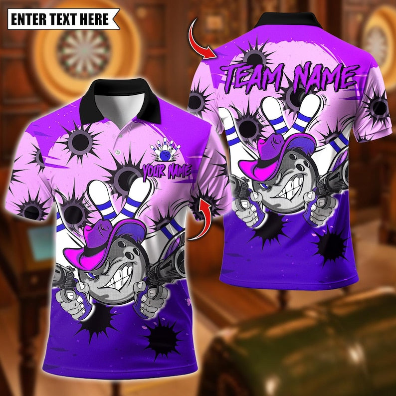 Custom Bowling Polo Shirt, Cowboy Bowling With Bullet Holes Design, Personalized Bowling Polo for Men Women,Personalized Name Team 3D Shirt