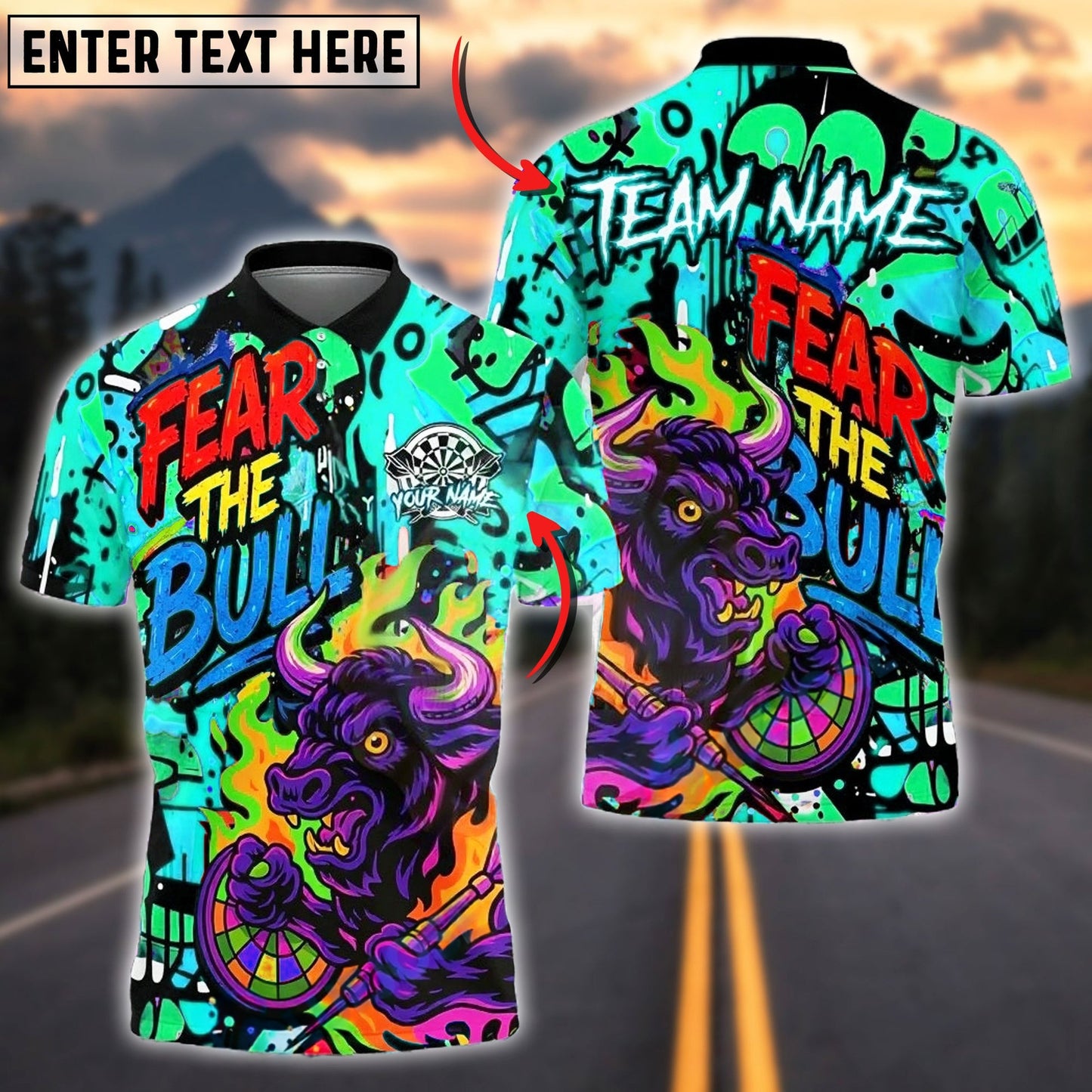 Darts Fear The Bull Graffiti Style Customized Name, Team Name 3D Shirt (4 Colors)